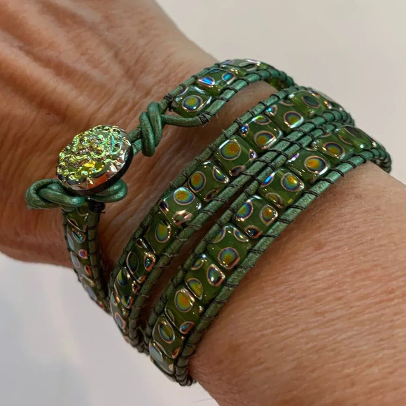 Artisan Jewelry - Bespoke Glass Leather Bead Cuff Bracelet - Gold & Green Aura Finish - Handmade
